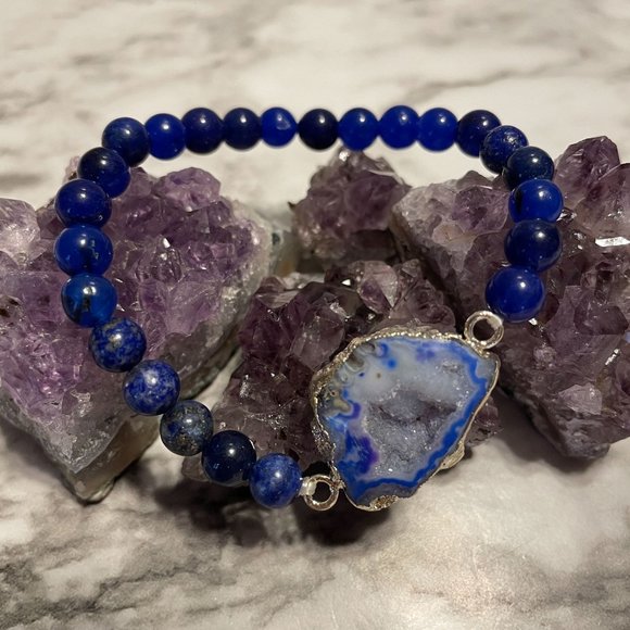 Handmade Druzy Agate Slice Stretch Bracelet Blue Dyed Agate Lapis Lazuli Beads - Picture 4 of 5